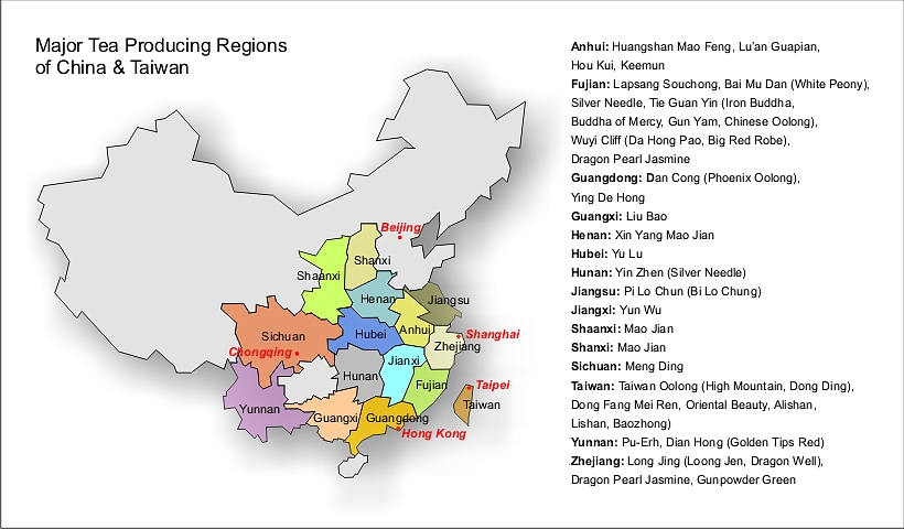 mapa chińskich prowincji herbacianych